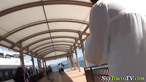 Petite Asian Rubs Pussy In Public