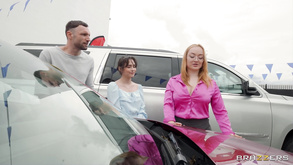 Sneaky Car Dealership Threesome Orgy