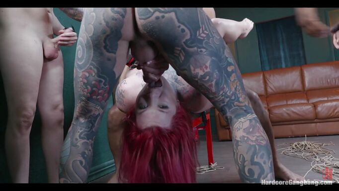 Four Meaty Cocks And A Busty Redhead