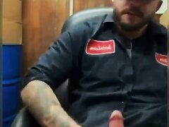 Mechanic Jerking His Cock Off In The Office & Cumming