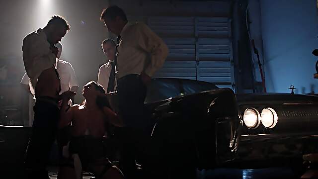 Angela White Gets Her Big Natural Tits Covered With Cum In A Gangbang Scene.