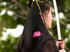 Exotic Asian Babe Katana Handles Enormous European Cock